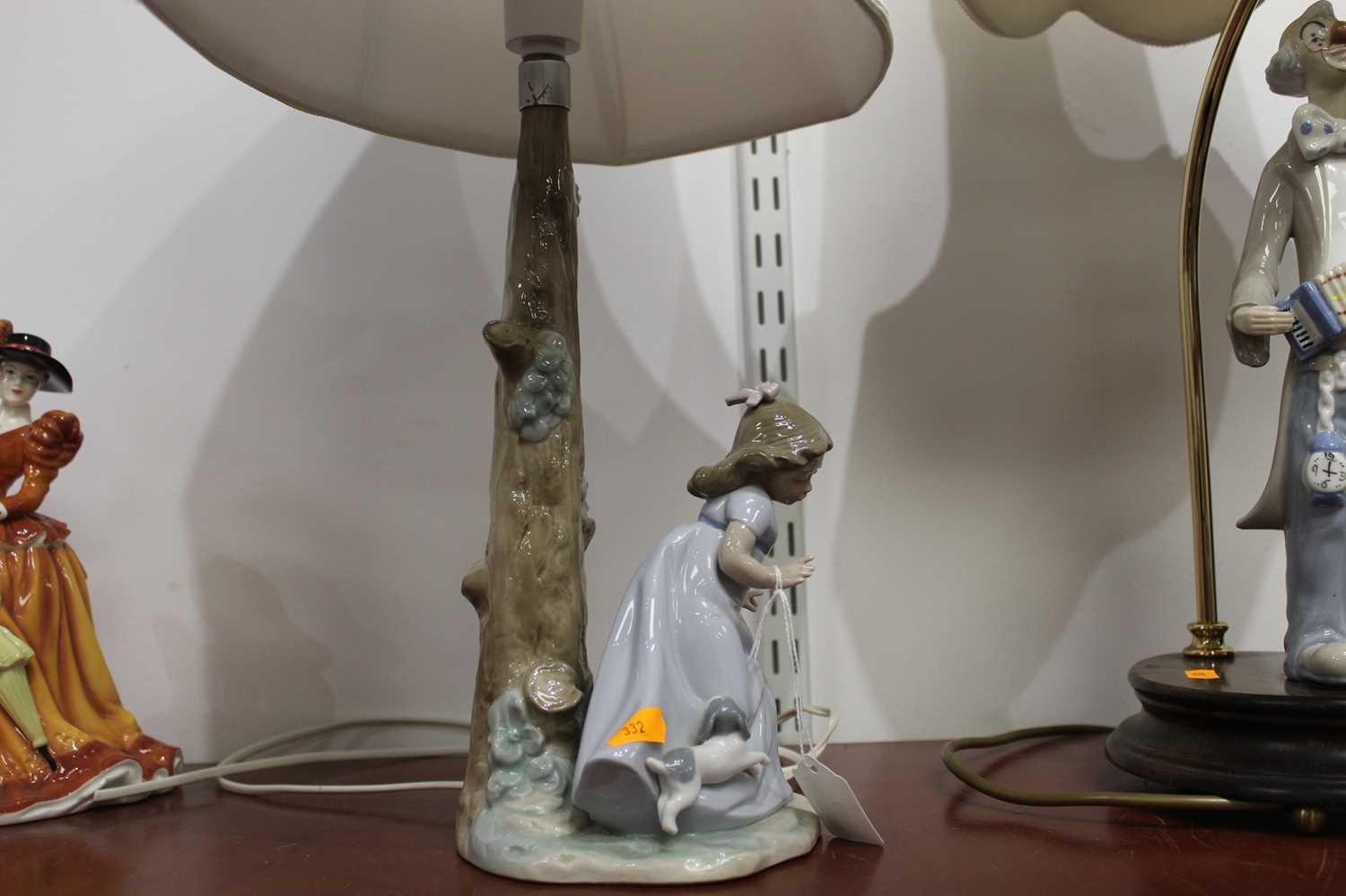 A Nao Spanish porcelain lamp base in the form of a girl against a tree with a puppy at her feet, - Image 3 of 7