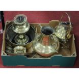 A box of miscellaneous brassware, to include spirit kettle on stand, candlesticks, oil lamp,