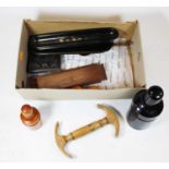 A collection of miscellaneous items, to include mother of pearl pen tray, treen apothecary jar