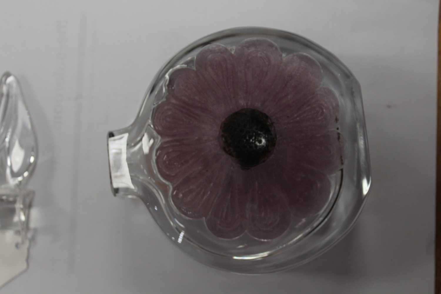 A Daum French glass decanter and stopper, of slab-sided circular form, decorated with a purple - Image 9 of 10