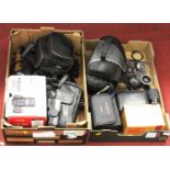 Two boxes of assorted cameras and accessories, to include a Sony digital Movica quick access FD