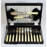 A cased set of fish knives and forks, six place setting