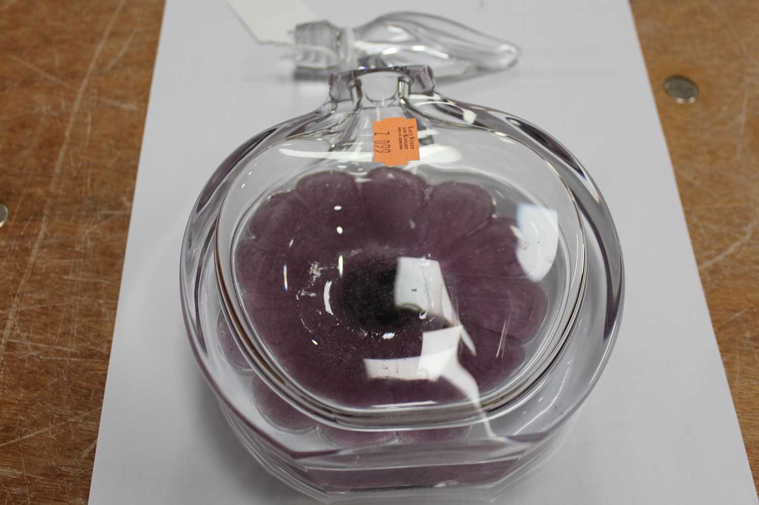 A Daum French glass decanter and stopper, of slab-sided circular form, decorated with a purple - Image 10 of 10