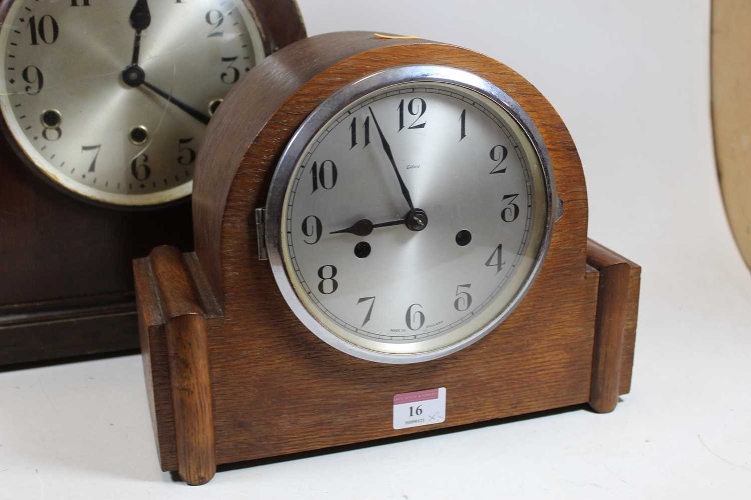A 1930s oak cased eight day mantel clock, maker Enfield, the silvered dial showing Arabic - Image 2 of 9