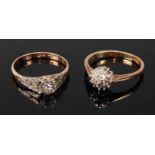 Two rings, comprising a 9ct yellow and white gold diamond circular cluster, having eight single