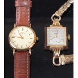 A Bensons ladies 9ct gold cased tank watch having signed silver dial, manual wind movement on gilt