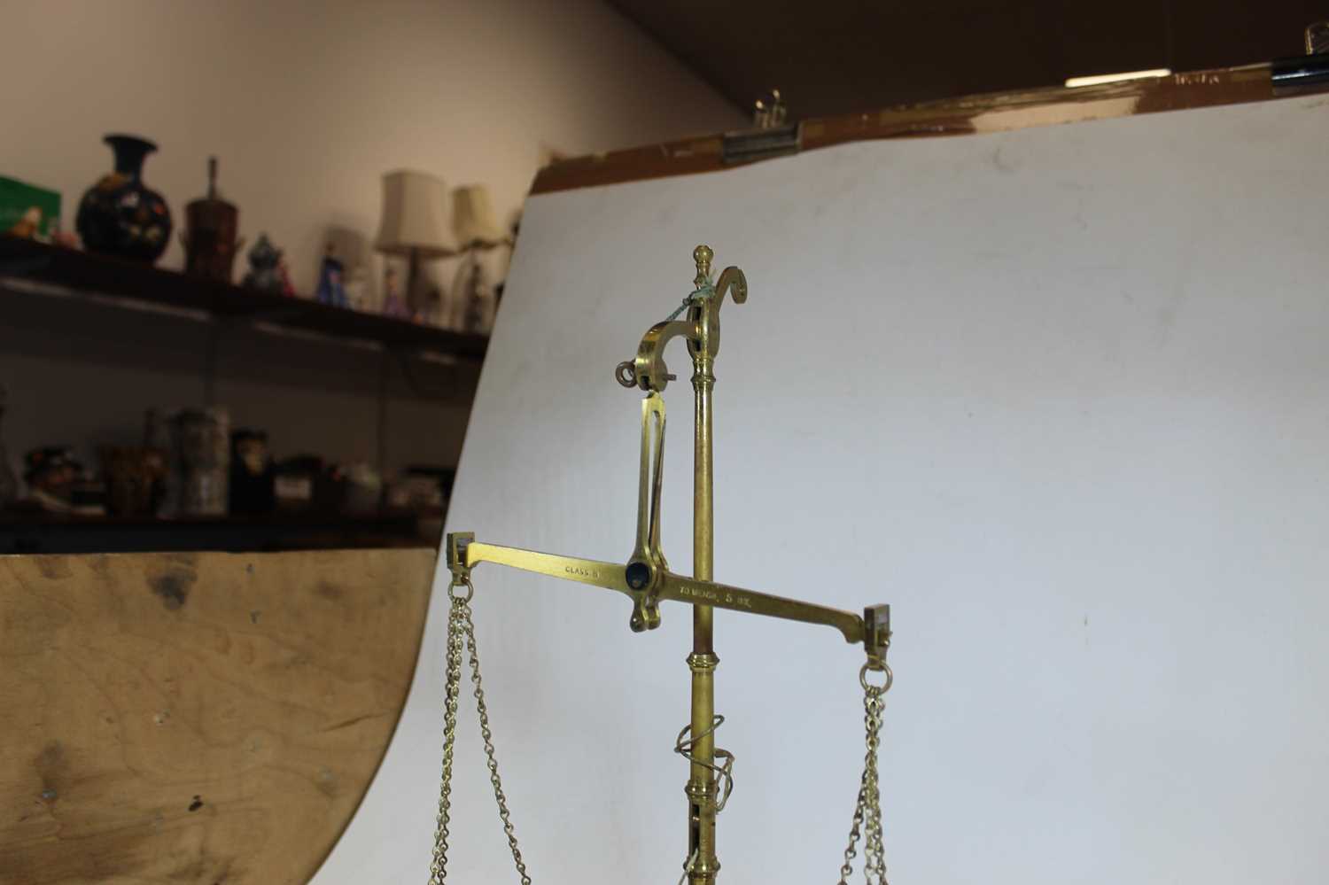 A pair of mid-20th century brass beam scales, marked Class B to weigh 5oz, on mahogany base with - Image 2 of 4