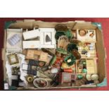 A box of miscellaneous dolls house furniture and effects, to include a pedestal desk, painted