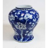 A 19th century Chinese blue and white stoneware vase, on squat baluster form decorated with