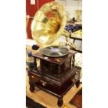 A reproduction Victorla Victor Talking Machine Company table top gramophone having a brass handle