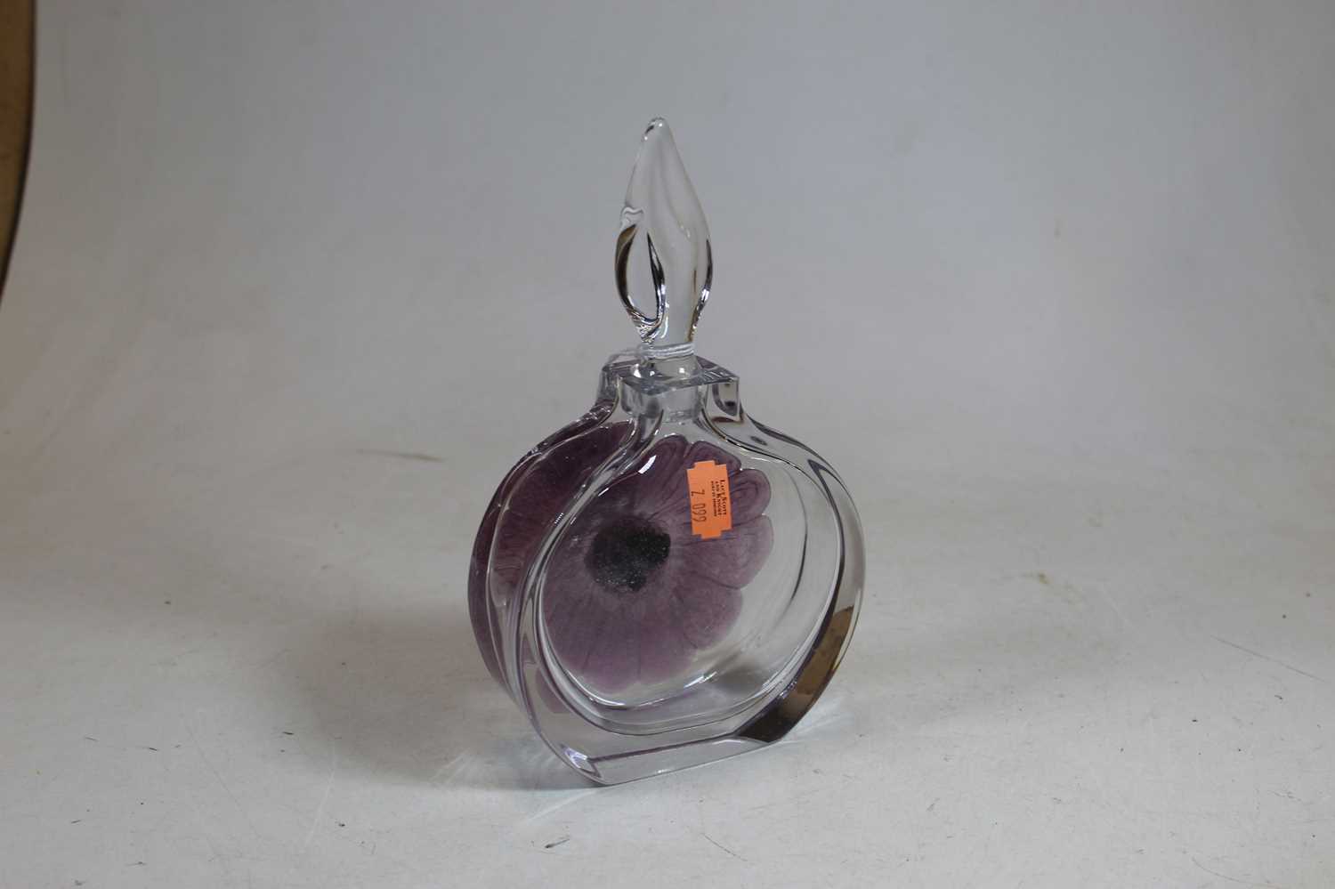 A Daum French glass decanter and stopper, of slab-sided circular form, decorated with a purple - Image 2 of 10