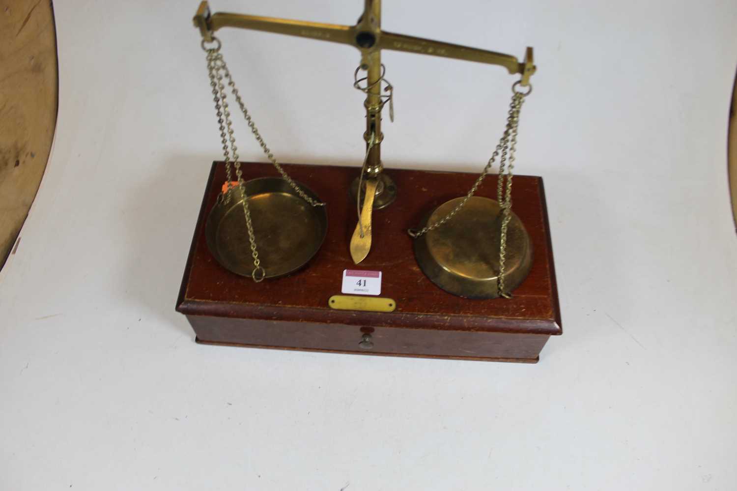 A pair of mid-20th century brass beam scales, marked Class B to weigh 5oz, on mahogany base with - Image 4 of 4