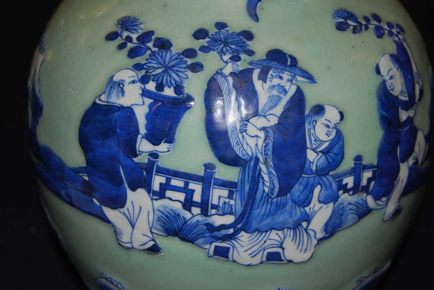 A Chinese export celadon ground baluster vase, having raised blue and white figure and cloud - Image 10 of 14