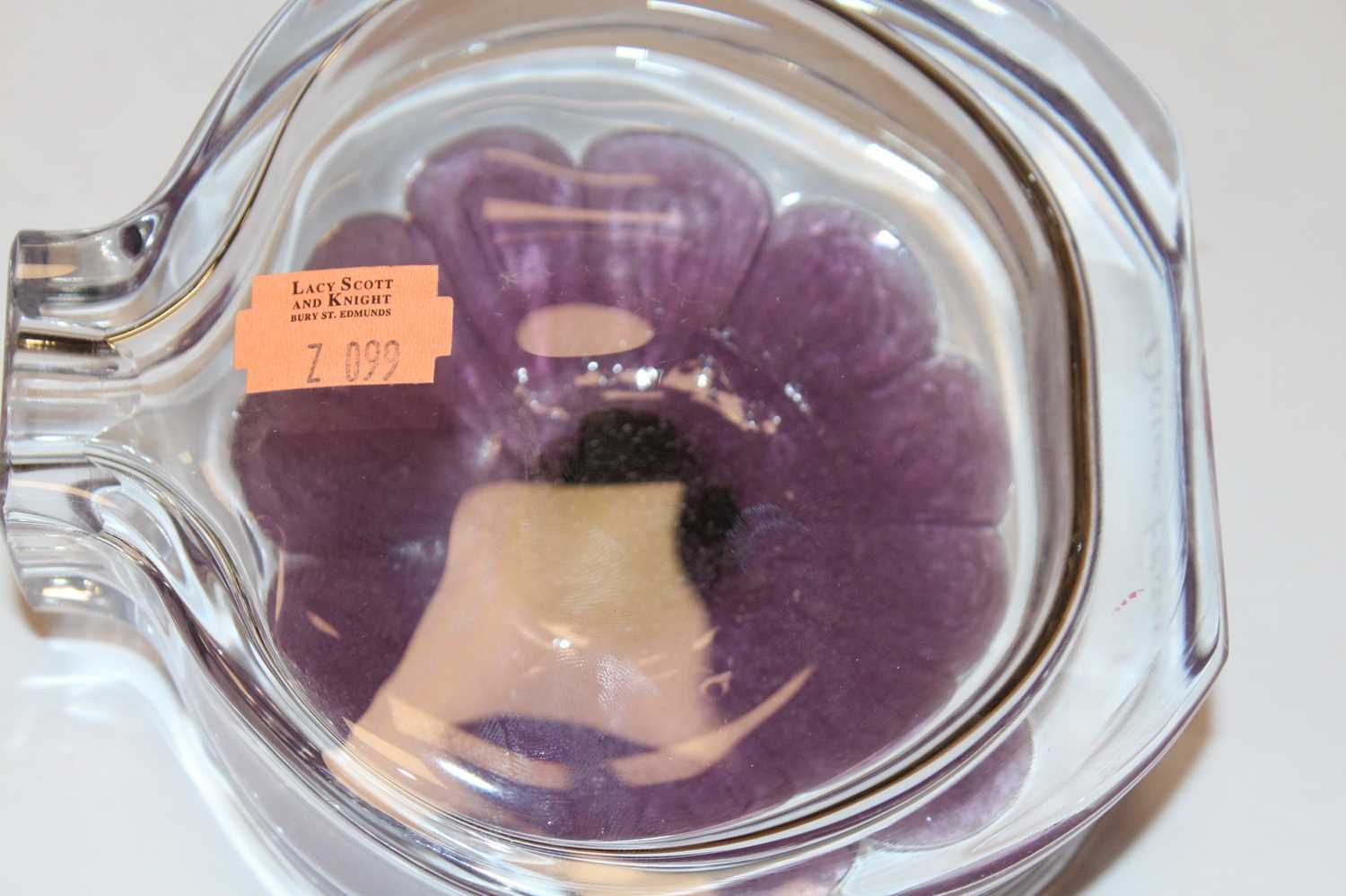 A Daum French glass decanter and stopper, of slab-sided circular form, decorated with a purple - Image 8 of 10
