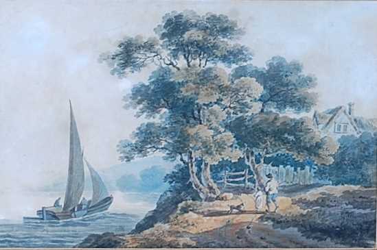 George Morland (1763-1804) - Coastal scene with figures and dog, watercolour, signed with GM