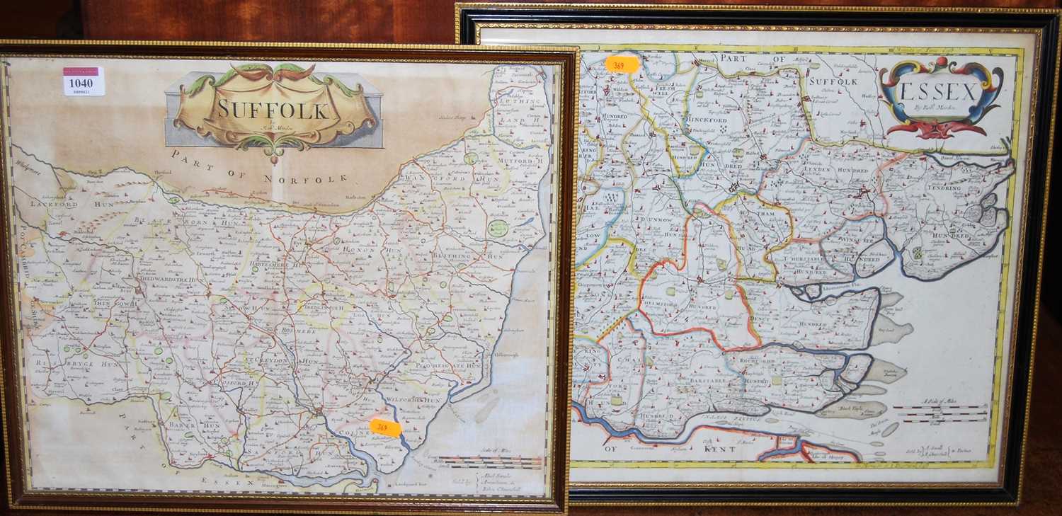 Robert Morden - an 18th century engraved county map of Suffolk, being later hand-coloured, 35 x