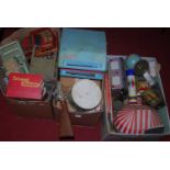 Three boxes of various toys including a Mettoy typewriter, tinplate till, etc