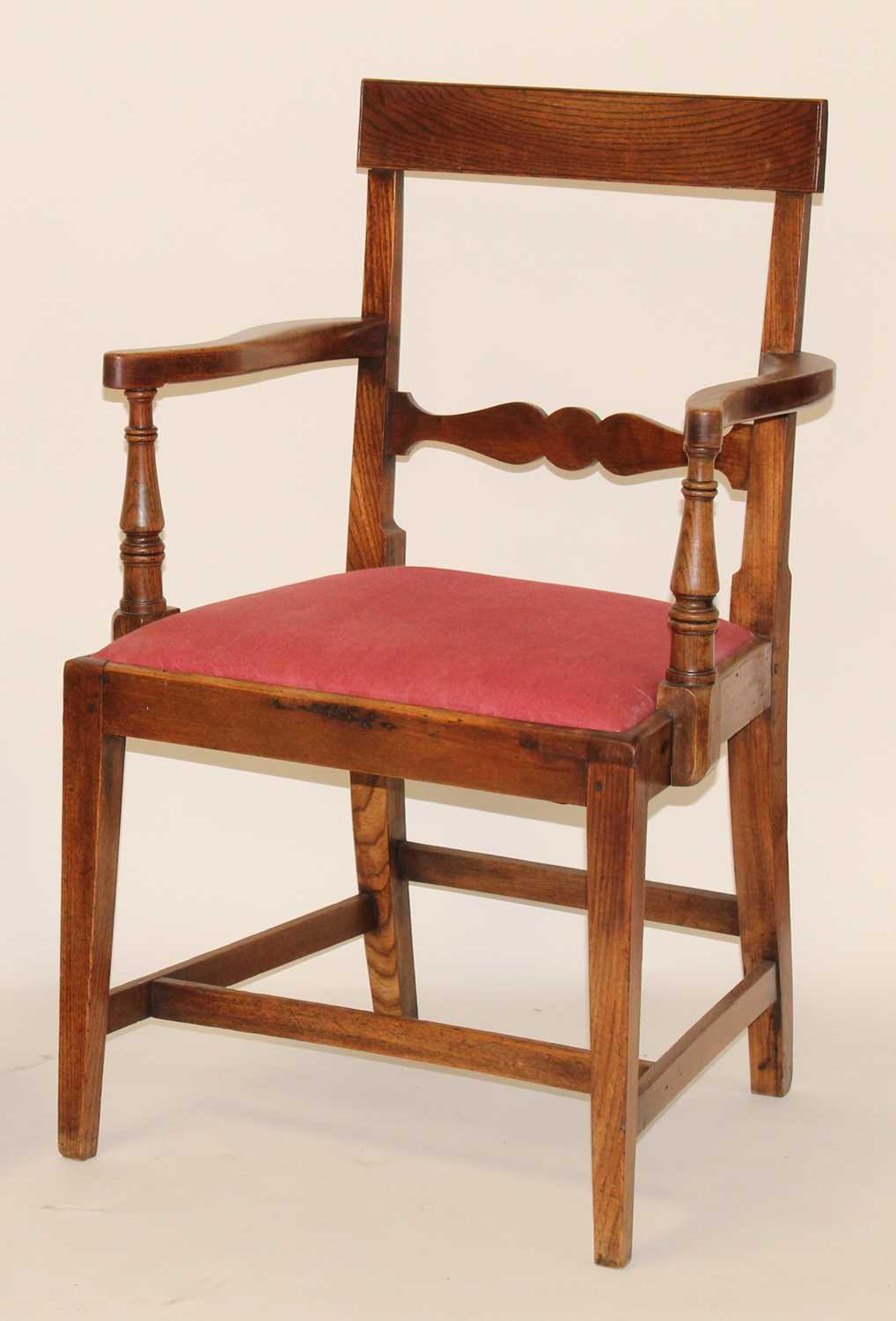 A George III fruitwood elbow chair, having pierced vase splatback, drop-in seat, and on ogee - Image 6 of 6