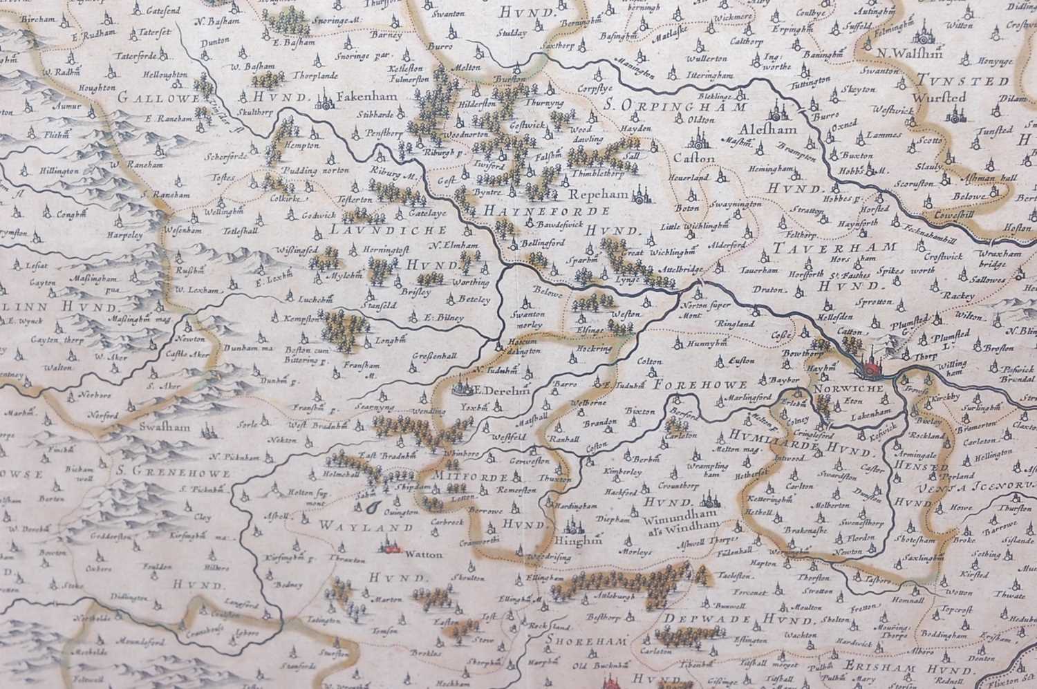 Johannes Blaeu - Nortfolcia, Norfolk, Amsterdam, 1648, engraved county map with later hand- - Image 4 of 4