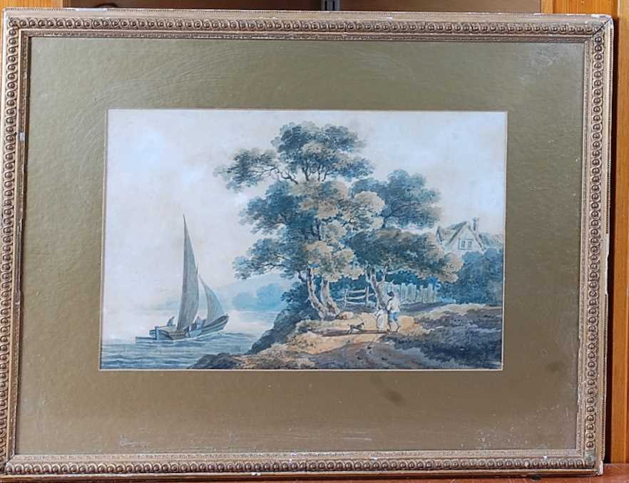 George Morland (1763-1804) - Coastal scene with figures and dog, watercolour, signed with GM - Image 2 of 7