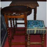 An oak barleytwist occasional table; one other; and an oak barleytwist upholstered top stool (3)