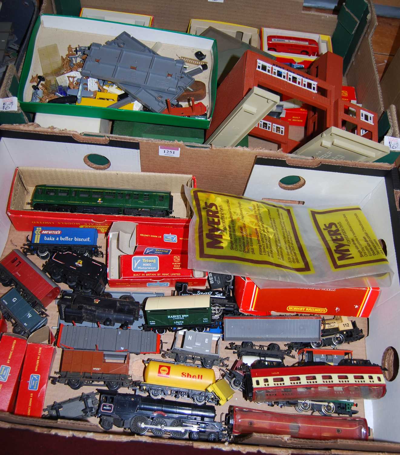 Two boxes containing a small quantity of 00 including locomotive, rolling stock, carriages, etc, and