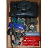 One box of mixed toys, to include late 20th century plastic tank, Crescent Toys anti-aircraft gun,