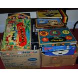Two boxes of mixed modern games including Pictionary, Peter Pan, Animal Make & Play box game, etc