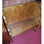 A stained planked pine four panelled two-seater settle, w.89cmCondition report: Height 94cm, width