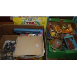 Two boxes of various toys including a Mettoy typewriter, Britains type lead figures, Kenner