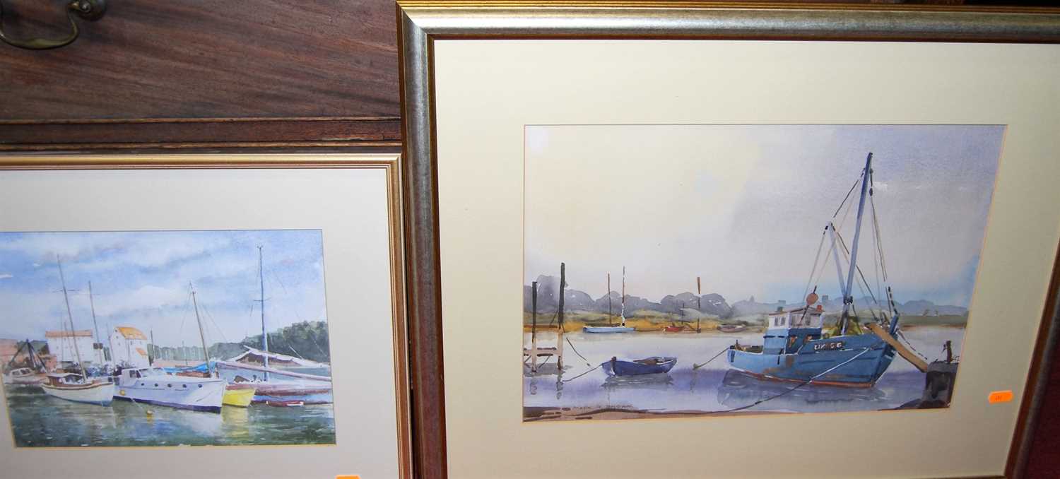 Frederick Brown - Boats at anchor, watercolour, 32 x 45cm; and three other boating watercolours by