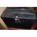 An early 20th century stained pine and metal bound domed hinge-top tool chest, w.76cm