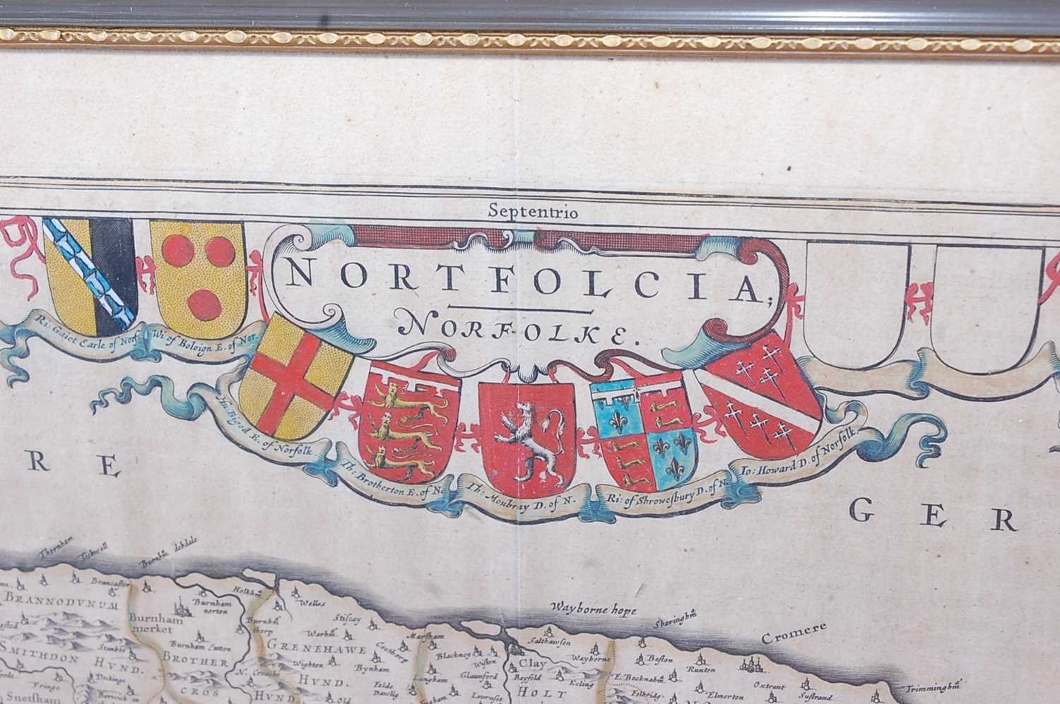 Johannes Blaeu - Nortfolcia, Norfolk, Amsterdam, 1648, engraved county map with later hand- - Image 2 of 4