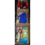 Three boxes of mixed toys including diecast lorries, plastic projector, tinplate tea set etc