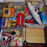 Three boxes of mixed modern toys including plastic ocean liner, diecast buses,etc