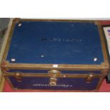 A metal bound travel trunk, annotated for Antonia Donlea, w.76cm