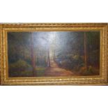 J Williamson - Figures on a woodland path, oil on canvas, signed lower right, 30 x 60cm