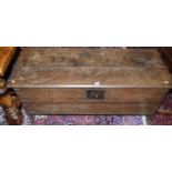 An 18th century provincial boarded oak hinge top coffer having chip carved edges, width 120cm