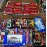 Two boxes of modern issue diecast including mixed London buses, Corgi fire heroes etc