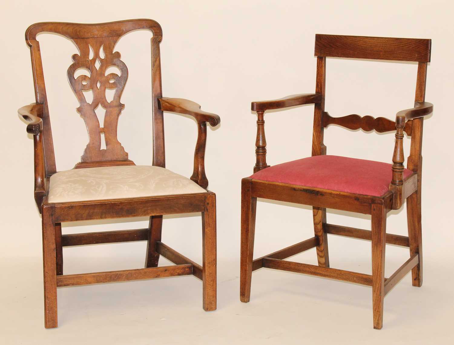 A George III fruitwood elbow chair, having pierced vase splatback, drop-in seat, and on ogee