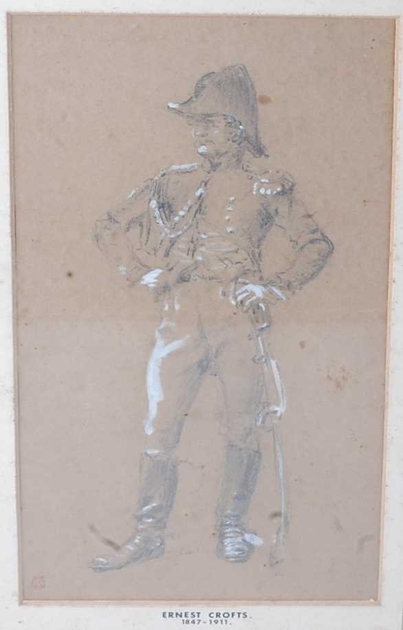 Ernest Crofts (1847-1911) - Portrait of a Cavalry Officer in standing pose, pencil, heightened - Image 4 of 6