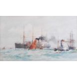 Charles Edward Dixon (1872-1934) - Steamliner setting sail with attendant tug-boats, watercolour