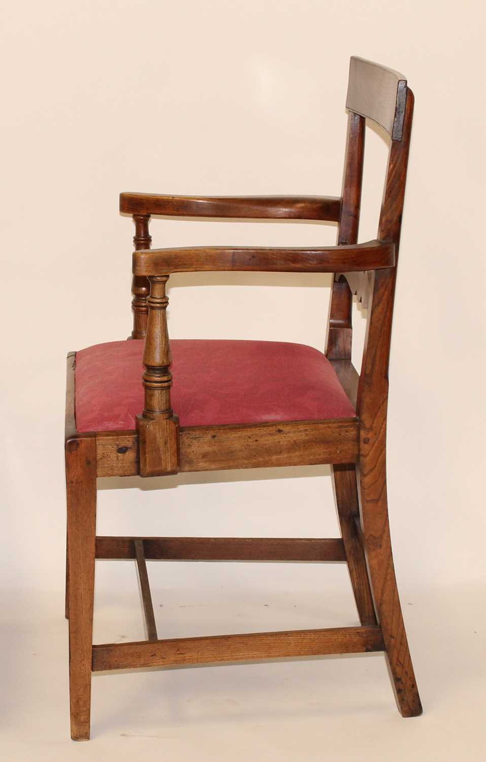 A George III fruitwood elbow chair, having pierced vase splatback, drop-in seat, and on ogee - Image 4 of 6