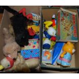 A box containing a quantity of various wind-up soft toys, Donald Duck, Leghorn Lucy, Chicken etc
