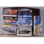 Seven various boxed 1/25-1/24 scale plastic mixed race car and commercial vehicle kits, to include