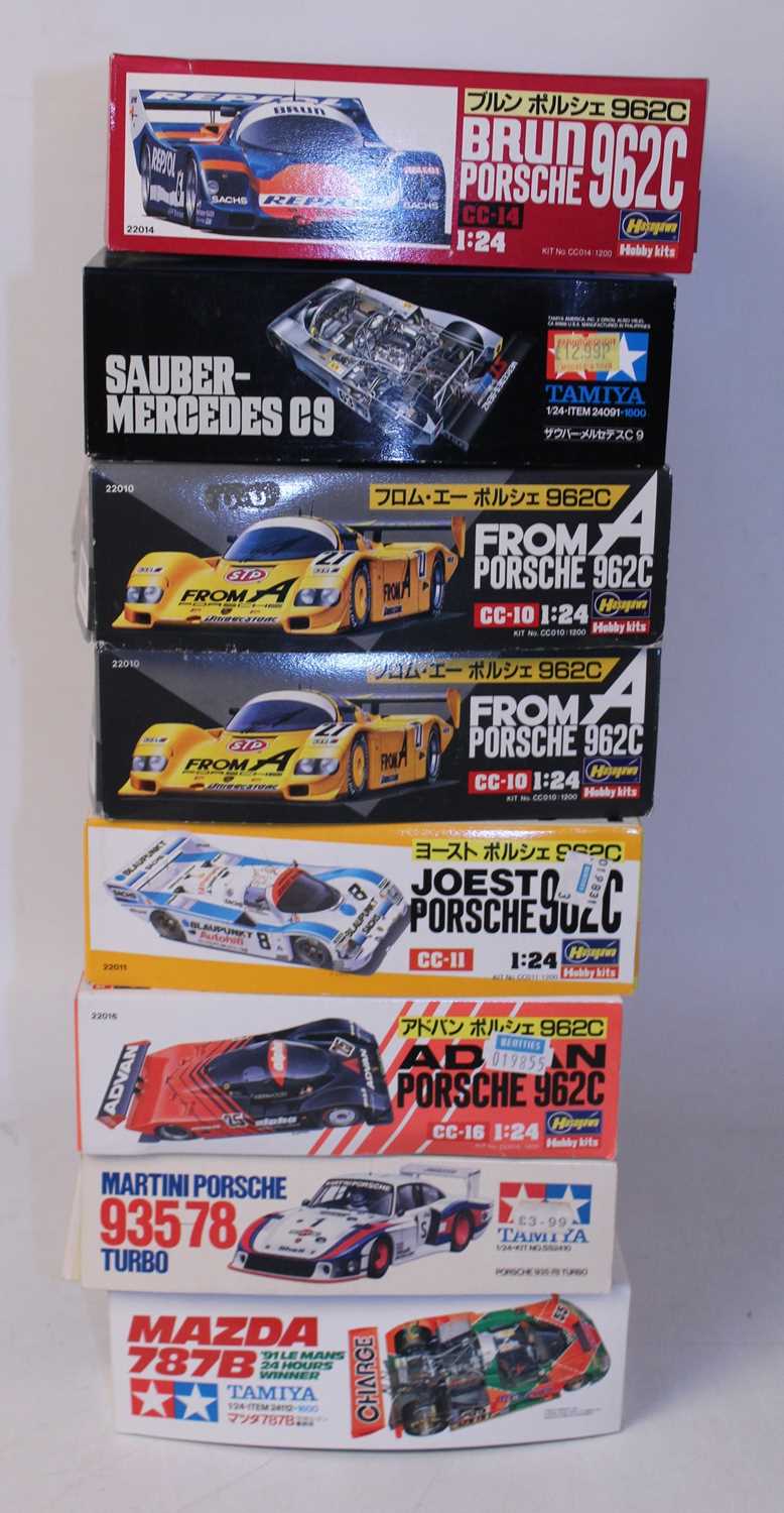 Eight various boxed Hasegawa and Tamiya 1/24 scale high speed racing and classic car kits to include