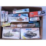 One box containing 20 various boxed plastic military kits and 1/43 scale diecast mixed