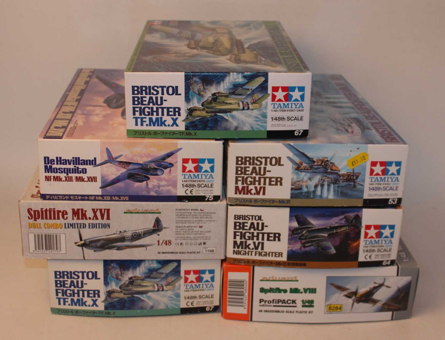 Seven various boxed as issued Tamiya and Eduard and Profipack 1/48 scale aircraft plastic kit