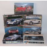 Seven various boxed 1/24 scale plastic race car and classic car kits, mixed examples by Fujimi and