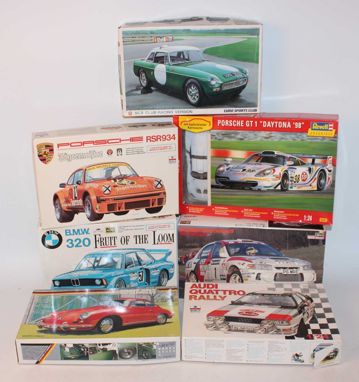 Seven various mixed manufacture 1/24 scale plastic race car kits to include Fujimi, Esci, Revell and
